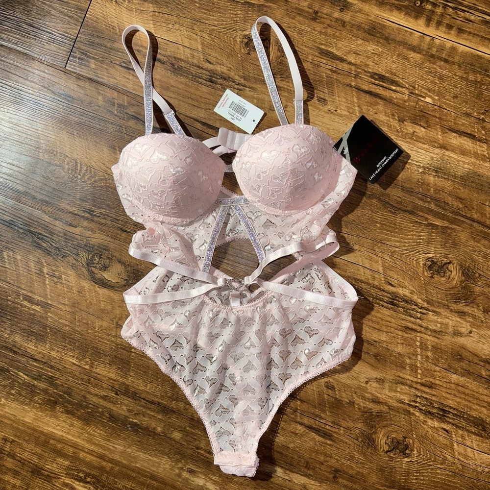 Spencer's Body Rage Pink Heart Lace Women's Teddy Lingerie NEW Small